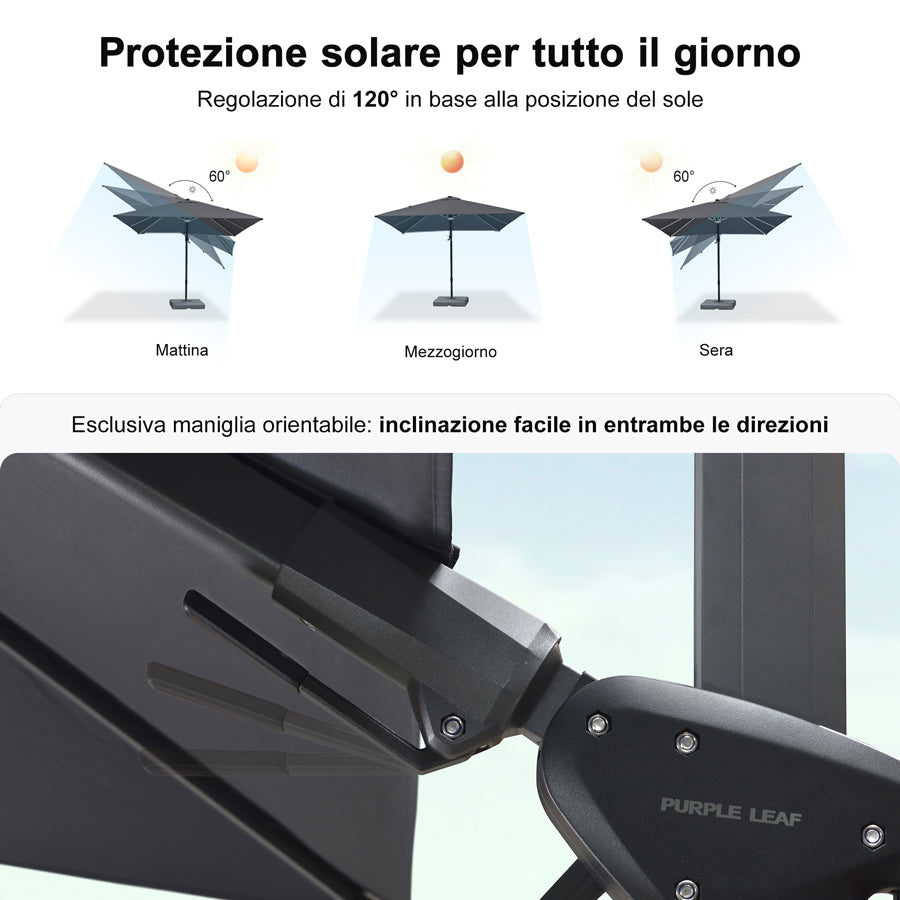 PURPLE LEAF Ombrellone da Giardino LED Quadrato 300x300 cm, Inclinabile e Girevole a 360° per Terrazza e Piscina