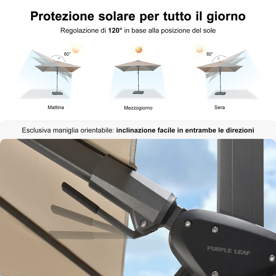 PURPLE LEAF Ombrellone da Giardino LED Quadrato 300x300 cm, Inclinabile e Girevole a 360° per Terrazza e Piscina