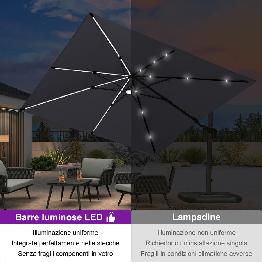 PURPLE LEAF Ombrellone da Giardino LED Quadrato 300x300 cm, Inclinabile e Girevole a 360° per Terrazza e Piscina