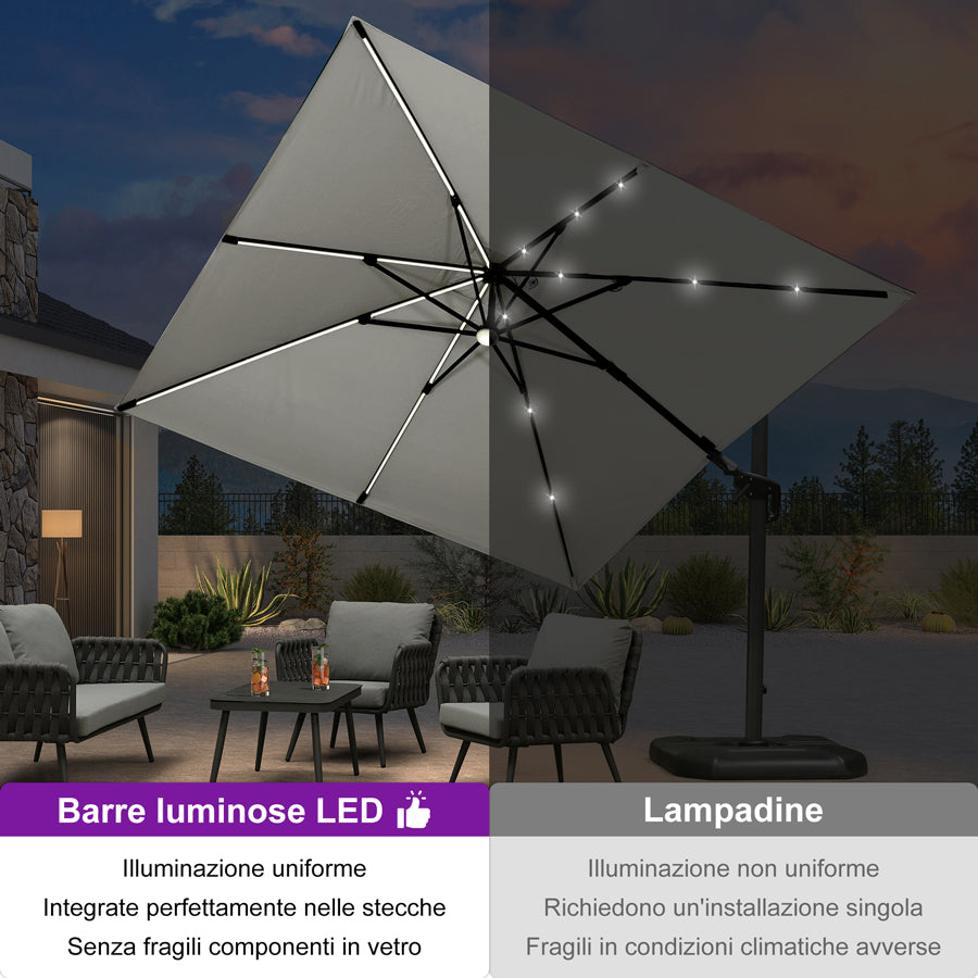 PURPLE LEAF Ombrellone da Giardino LED Quadrato 300x300 cm, Inclinabile e Girevole a 360° per Terrazza e Piscina