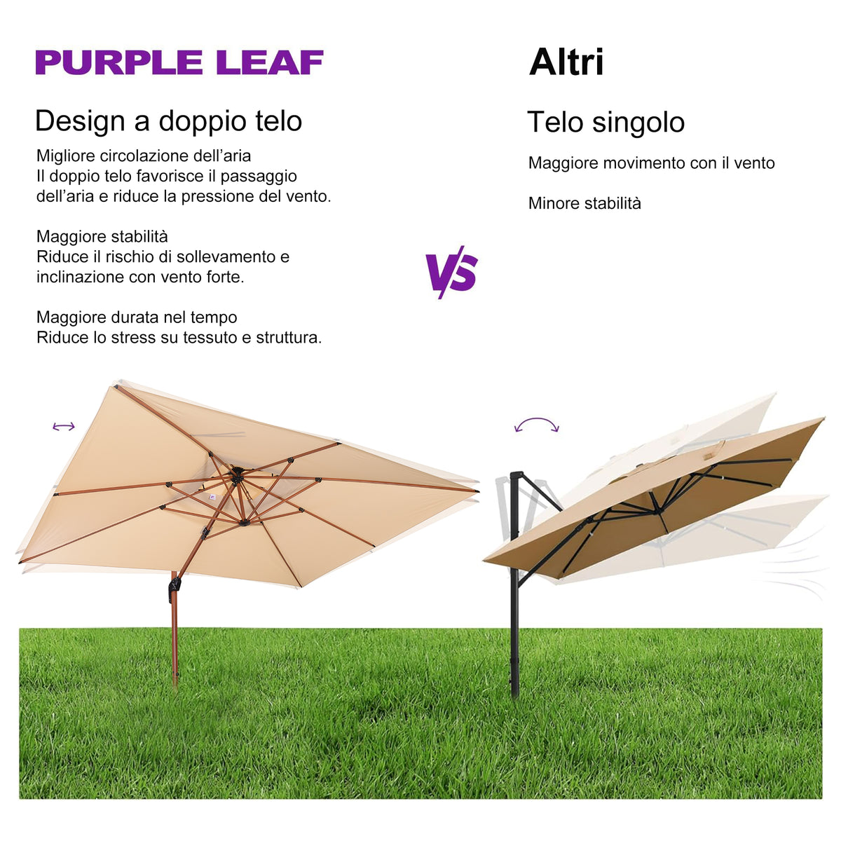 PURPLE LEAF  Ombrellone in Alluminio Rettangolare Doppio Top in colore legno，Con Base