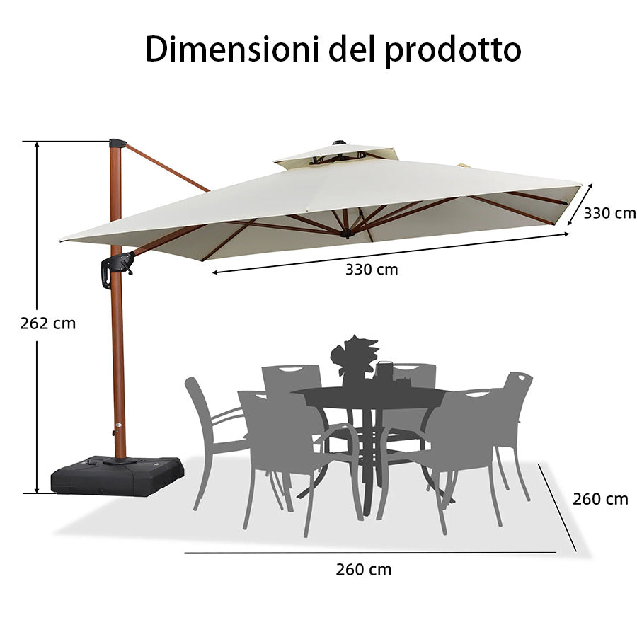 PURPLE LEAF Ombrellone in Alluminio Quadrato Doppio Top in colore legno ,con Base