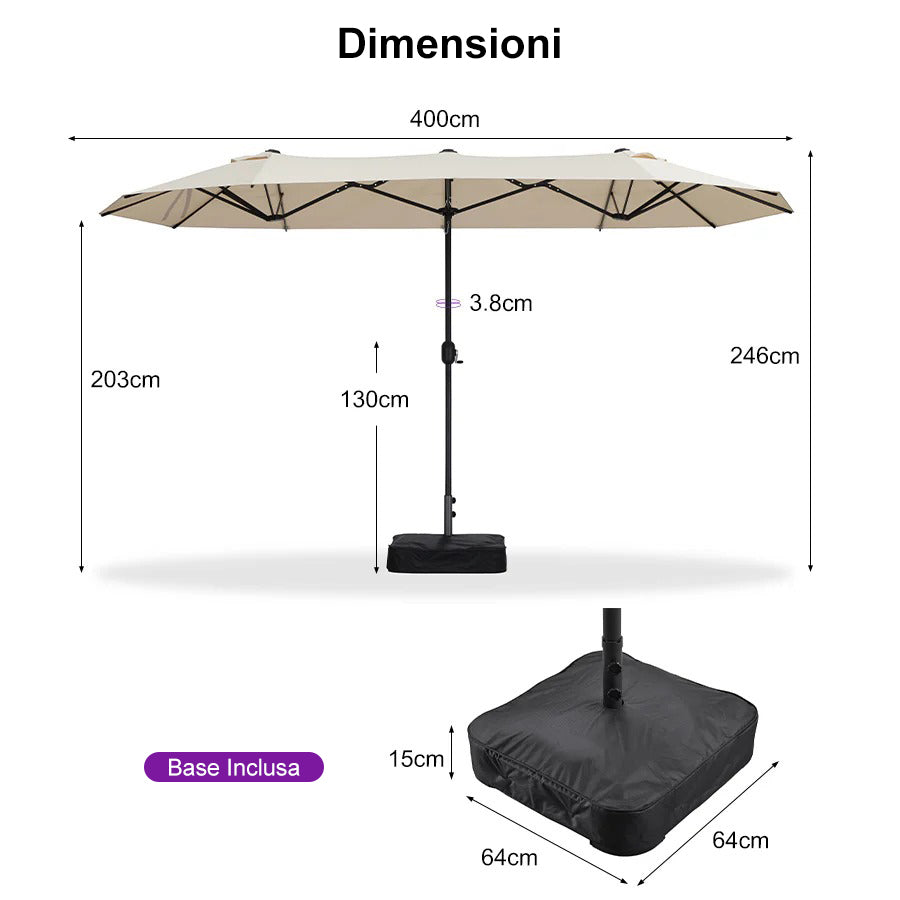 PURPLE LEAF Ombrellone da mercato rettangolare doppio lato con base per terrazzo e giardino
