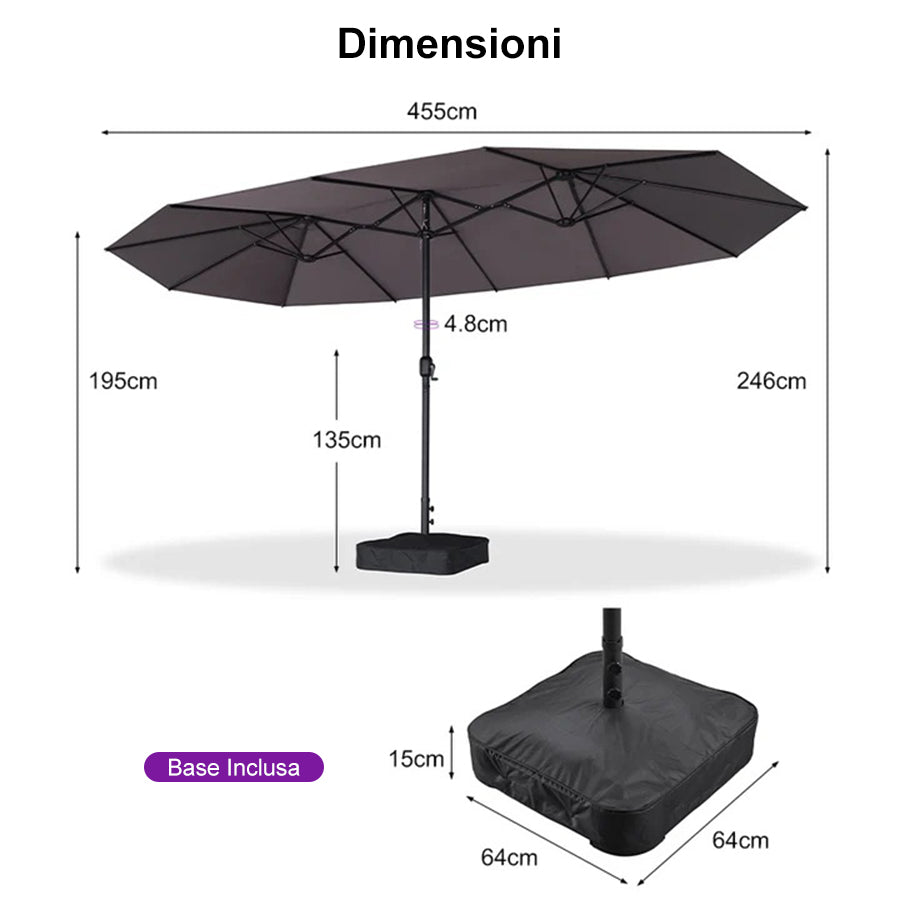 PURPLE LEAF Ombrellone da mercato rettangolare doppio lato con base per terrazzo e giardino