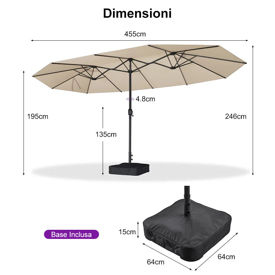 PURPLE LEAF Ombrellone da mercato rettangolare doppio lato con base per terrazzo e giardino