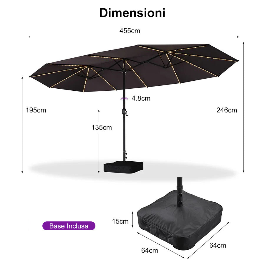 PURPLE LEAF Ombrellone doppio con illuminazione LED con base inclusa per esterni