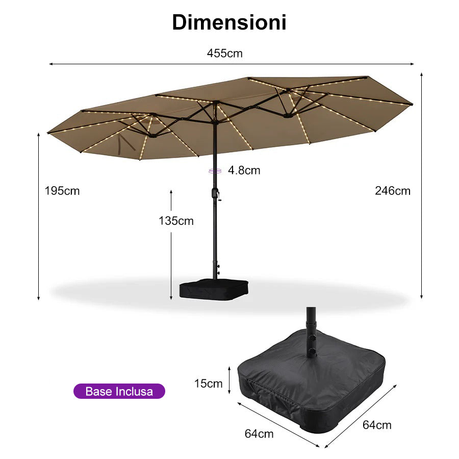PURPLE LEAF Ombrellone doppio con illuminazione LED con base inclusa per esterni