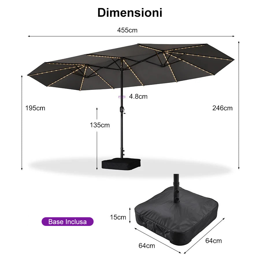 PURPLE LEAF Ombrellone doppio con illuminazione LED con base inclusa per esterni
