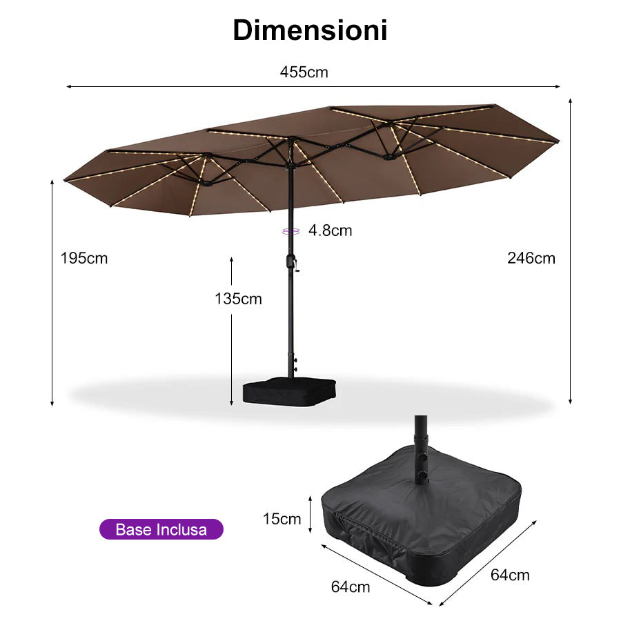 PURPLE LEAF Ombrellone doppio con illuminazione LED con base inclusa per esterni