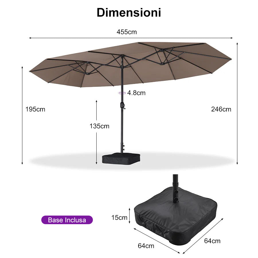 PURPLE LEAF Ombrellone da mercato rettangolare doppio lato con base per terrazzo e giardino